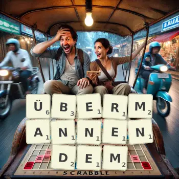 Kreative Illustration für ein Scrabble-Spiel, bei dem das Wort ÜBERMANNENDEM mit Steinen auf dem Brett gelegt wurde.