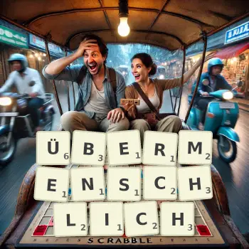 Kreative Illustration für ein Scrabble-Spiel, bei dem das Wort ÜBERMENSCHLICH mit Steinen auf dem Brett gelegt wurde.