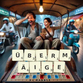 Kreative Illustration für ein Scrabble-Spiel, bei dem das Wort ÜBERMÄIGE mit Steinen auf dem Brett gelegt wurde.
