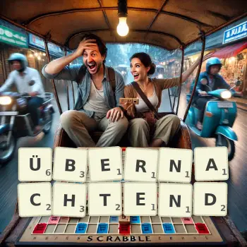 Kreative Illustration für ein Scrabble-Spiel, bei dem das Wort ÜBERNACHTEND mit Steinen auf dem Brett gelegt wurde.