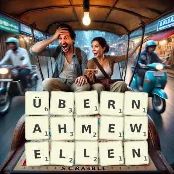 Kreative Illustration für ein Scrabble-Spiel, bei dem das Wort ÜBERNAHMEWELLEN mit Steinen auf dem Brett gelegt wurde.