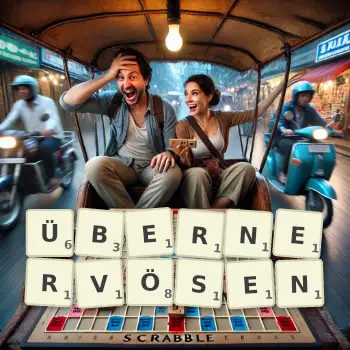 Kreative Illustration für ein Scrabble-Spiel, bei dem das Wort ÜBERNERVÖSEN mit Steinen auf dem Brett gelegt wurde.