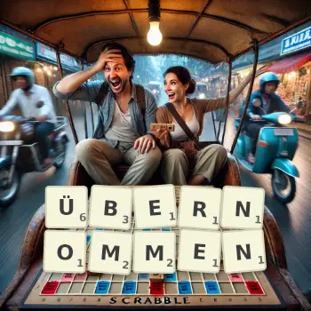 Kreative Illustration für ein Scrabble-Spiel, bei dem das Wort ÜBERNOMMEN mit Steinen auf dem Brett gelegt wurde.
