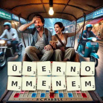 Kreative Illustration für ein Scrabble-Spiel, bei dem das Wort ÜBERNOMMENEM mit Steinen auf dem Brett gelegt wurde.