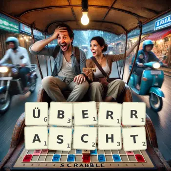 Kreative Illustration für ein Scrabble-Spiel, bei dem das Wort ÜBERRASCHT mit Steinen auf dem Brett gelegt wurde.