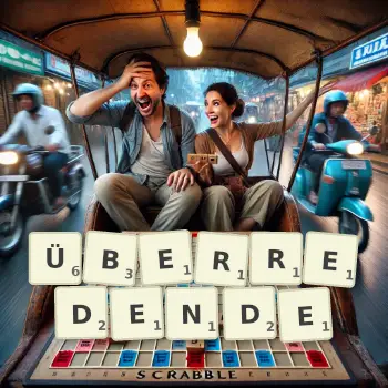 Kreative Illustration für ein Scrabble-Spiel, bei dem das Wort ÜBERREDENDE mit Steinen auf dem Brett gelegt wurde.