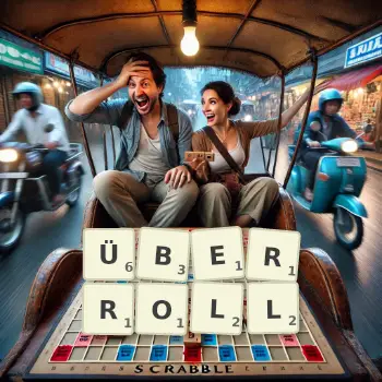 Kreative Illustration für ein Scrabble-Spiel, bei dem das Wort ÜBERROLL mit Steinen auf dem Brett gelegt wurde.