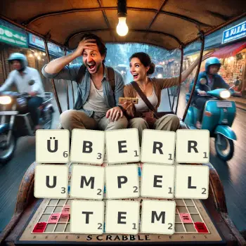 Kreative Illustration für ein Scrabble-Spiel, bei dem das Wort ÜBERRUMPELTEM mit Steinen auf dem Brett gelegt wurde.
