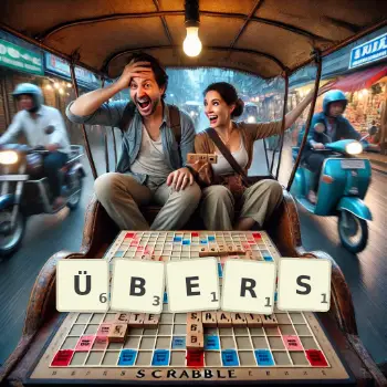 Kreative Illustration für ein Scrabble-Spiel, bei dem das Wort ÜBERS mit Steinen auf dem Brett gelegt wurde.