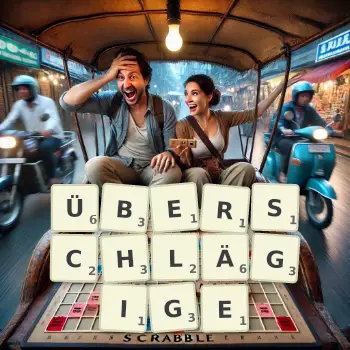 Kreative Illustration für ein Scrabble-Spiel, bei dem das Wort ÜBERSCHLÄGIGE mit Steinen auf dem Brett gelegt wurde.