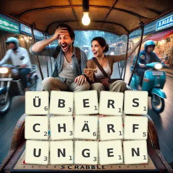 Kreative Illustration für ein Scrabble-Spiel, bei dem das Wort ÜBERSCHÄRFUNGEN mit Steinen auf dem Brett gelegt wurde.