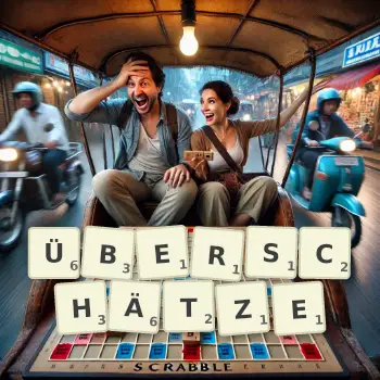 Kreative Illustration für ein Scrabble-Spiel, bei dem das Wort ÜBERSCHÄTZE mit Steinen auf dem Brett gelegt wurde.