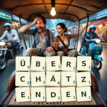 Kreative Illustration für ein Scrabble-Spiel, bei dem das Wort ÜBERSCHÄTZENDEN mit Steinen auf dem Brett gelegt wurde.