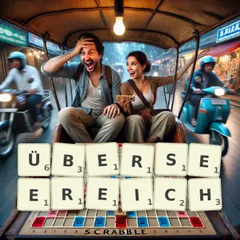 Kreative Illustration für ein Scrabble-Spiel, bei dem das Wort ÜBERSEEREICH mit Steinen auf dem Brett gelegt wurde.