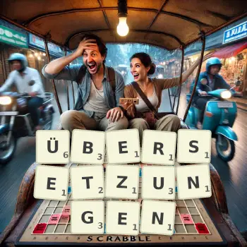 Kreative Illustration für ein Scrabble-Spiel, bei dem das Wort ÜBERSETZUNGEN mit Steinen auf dem Brett gelegt wurde.