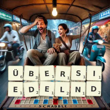Kreative Illustration für ein Scrabble-Spiel, bei dem das Wort ÜBERSIEDELND mit Steinen auf dem Brett gelegt wurde.