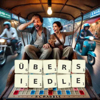 Kreative Illustration für ein Scrabble-Spiel, bei dem das Wort ÜBERSIEDLE mit Steinen auf dem Brett gelegt wurde.