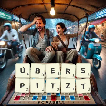 Kreative Illustration für ein Scrabble-Spiel, bei dem das Wort ÜBERSPITZT mit Steinen auf dem Brett gelegt wurde.