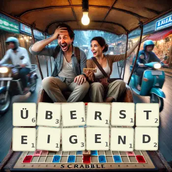 Kreative Illustration für ein Scrabble-Spiel, bei dem das Wort ÜBERSTEIGEND mit Steinen auf dem Brett gelegt wurde.