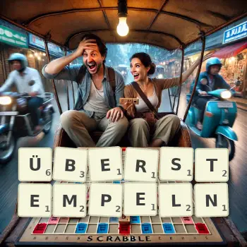 Kreative Illustration für ein Scrabble-Spiel, bei dem das Wort ÜBERSTEMPELN mit Steinen auf dem Brett gelegt wurde.