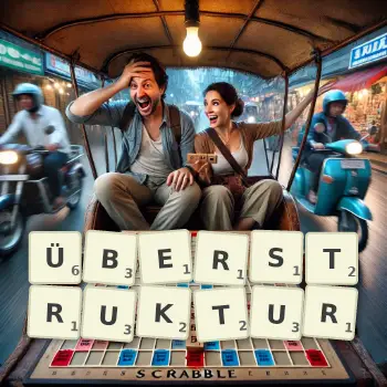 Kreative Illustration für ein Scrabble-Spiel, bei dem das Wort ÜBERSTRUKTUR mit Steinen auf dem Brett gelegt wurde.