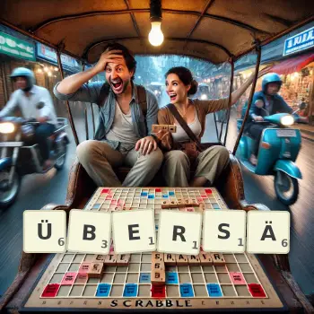Kreative Illustration für ein Scrabble-Spiel, bei dem das Wort ÜBERSÄ mit Steinen auf dem Brett gelegt wurde.