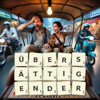 Kreative Illustration für ein Scrabble-Spiel, bei dem das Wort ÜBERSÄTTIGENDER mit Steinen auf dem Brett gelegt wurde.