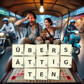 Kreative Illustration für ein Scrabble-Spiel, bei dem das Wort ÜBERSÄTTIGTEN mit Steinen auf dem Brett gelegt wurde.