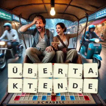 Kreative Illustration für ein Scrabble-Spiel, bei dem das Wort ÜBERTAKTENDE mit Steinen auf dem Brett gelegt wurde.