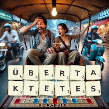 Kreative Illustration für ein Scrabble-Spiel, bei dem das Wort ÜBERTAKTETES mit Steinen auf dem Brett gelegt wurde.