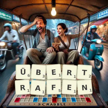 Kreative Illustration für ein Scrabble-Spiel, bei dem das Wort ÜBERTRAFEN mit Steinen auf dem Brett gelegt wurde.