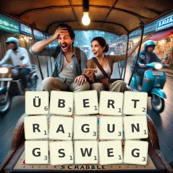 Kreative Illustration für ein Scrabble-Spiel, bei dem das Wort ÜBERTRAGUNGSWEG mit Steinen auf dem Brett gelegt wurde.