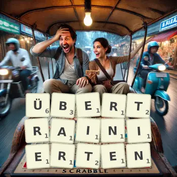 Kreative Illustration für ein Scrabble-Spiel, bei dem das Wort ÜBERTRAINIERTEN mit Steinen auf dem Brett gelegt wurde.