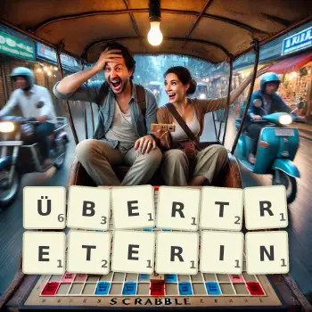 Kreative Illustration für ein Scrabble-Spiel, bei dem das Wort ÜBERTRETERIN mit Steinen auf dem Brett gelegt wurde.