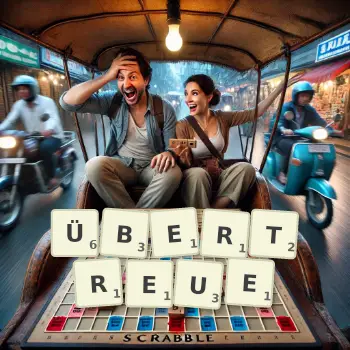 Kreative Illustration für ein Scrabble-Spiel, bei dem das Wort ÜBERTREUE mit Steinen auf dem Brett gelegt wurde.