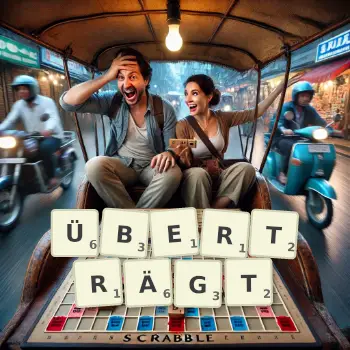 Kreative Illustration für ein Scrabble-Spiel, bei dem das Wort ÜBERTRÄGT mit Steinen auf dem Brett gelegt wurde.