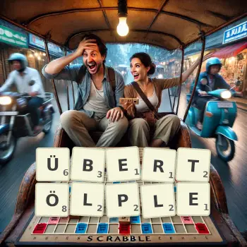 Kreative Illustration für ein Scrabble-Spiel, bei dem das Wort ÜBERTÖLPLE mit Steinen auf dem Brett gelegt wurde.