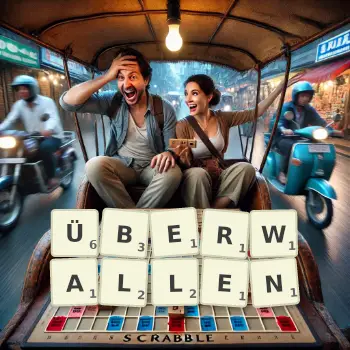 Kreative Illustration für ein Scrabble-Spiel, bei dem das Wort ÜBERWALLEN mit Steinen auf dem Brett gelegt wurde.