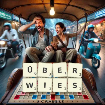 Kreative Illustration für ein Scrabble-Spiel, bei dem das Wort ÜBERWIES mit Steinen auf dem Brett gelegt wurde.