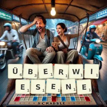 Kreative Illustration für ein Scrabble-Spiel, bei dem das Wort ÜBERWIESENE mit Steinen auf dem Brett gelegt wurde.