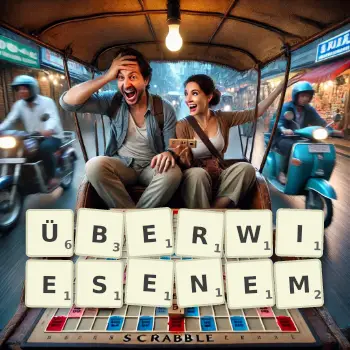 Kreative Illustration für ein Scrabble-Spiel, bei dem das Wort ÜBERWIESENEM mit Steinen auf dem Brett gelegt wurde.