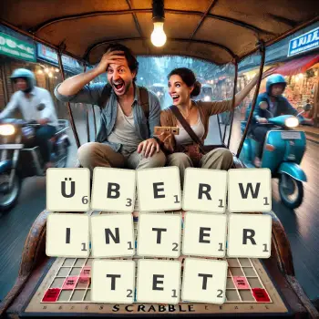 Kreative Illustration für ein Scrabble-Spiel, bei dem das Wort ÜBERWINTERTET mit Steinen auf dem Brett gelegt wurde.