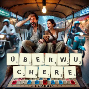 Kreative Illustration für ein Scrabble-Spiel, bei dem das Wort ÜBERWUCHERE mit Steinen auf dem Brett gelegt wurde.