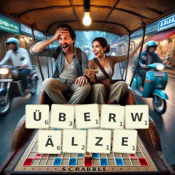 Kreative Illustration für ein Scrabble-Spiel, bei dem das Wort ÜBERWÄLZE mit Steinen auf dem Brett gelegt wurde.