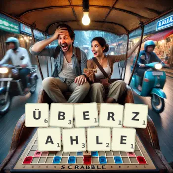 Kreative Illustration für ein Scrabble-Spiel, bei dem das Wort ÜBERZAHLE mit Steinen auf dem Brett gelegt wurde.