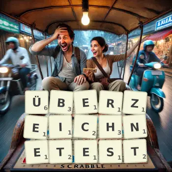 Kreative Illustration für ein Scrabble-Spiel, bei dem das Wort ÜBERZEICHNETEST mit Steinen auf dem Brett gelegt wurde.