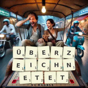 Kreative Illustration für ein Scrabble-Spiel, bei dem das Wort ÜBERZEICHNETET mit Steinen auf dem Brett gelegt wurde.