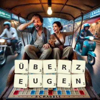 Kreative Illustration für ein Scrabble-Spiel, bei dem das Wort ÜBERZEUGEN mit Steinen auf dem Brett gelegt wurde.