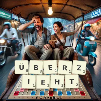 Kreative Illustration für ein Scrabble-Spiel, bei dem das Wort ÜBERZIEHT mit Steinen auf dem Brett gelegt wurde.