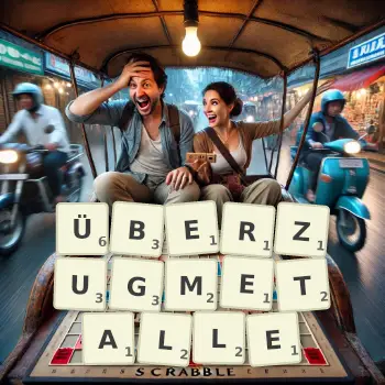 Kreative Illustration für ein Scrabble-Spiel, bei dem das Wort ÜBERZUGMETALLE mit Steinen auf dem Brett gelegt wurde.